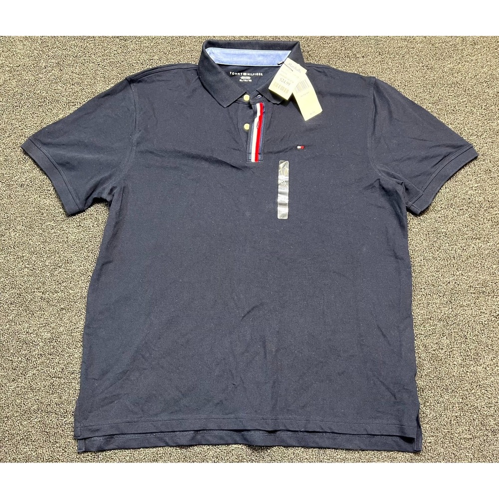 Tommy Hilfiger Polo Shirt Mens XL Navy Blue Flag Logo Cotton Stretch Golf Tennis